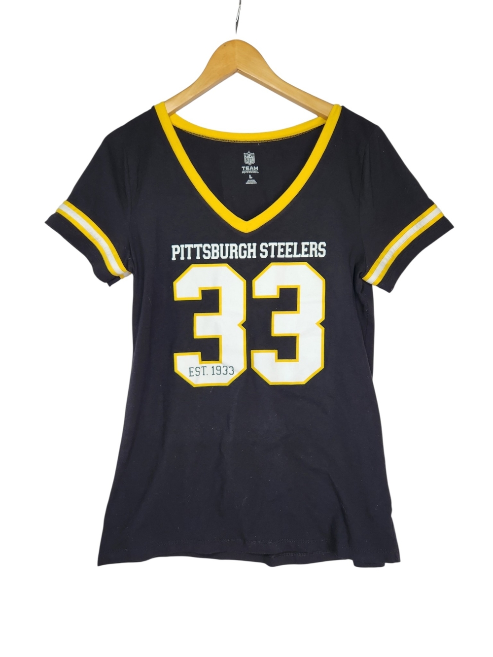 NFL Pittsburgh Steelers 33 Women's V Neck T Shirt Black Gold Team Apparel Large